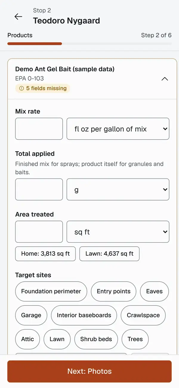Entering a product in the technician app: mix rate, total applied and area treated, each with its unit