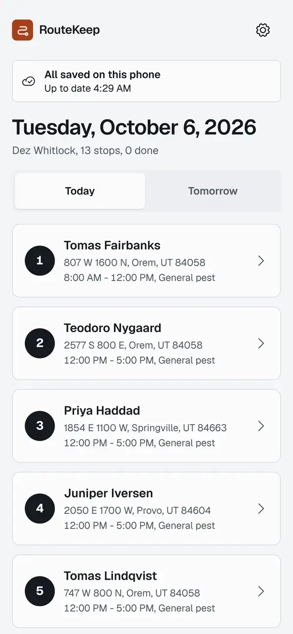 The technician app showing today's stops, saved on the phone